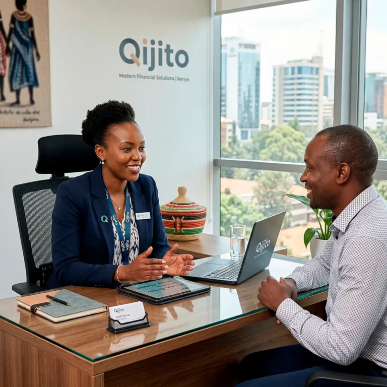 Qijito insurance broker in a blue blazer providing a professional consultation to a client in a Nairobi office.