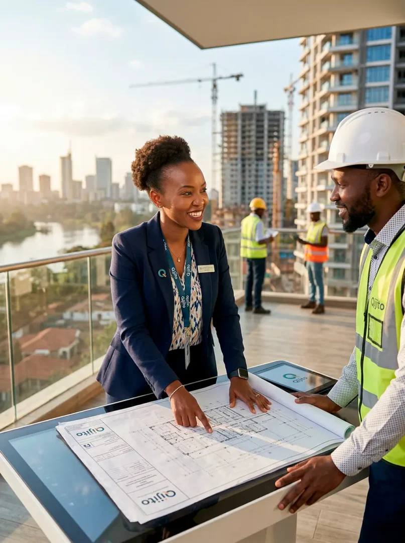 A Qijito advisor discussing blueprints and risk management with a site manager on a Nairobi construction project.