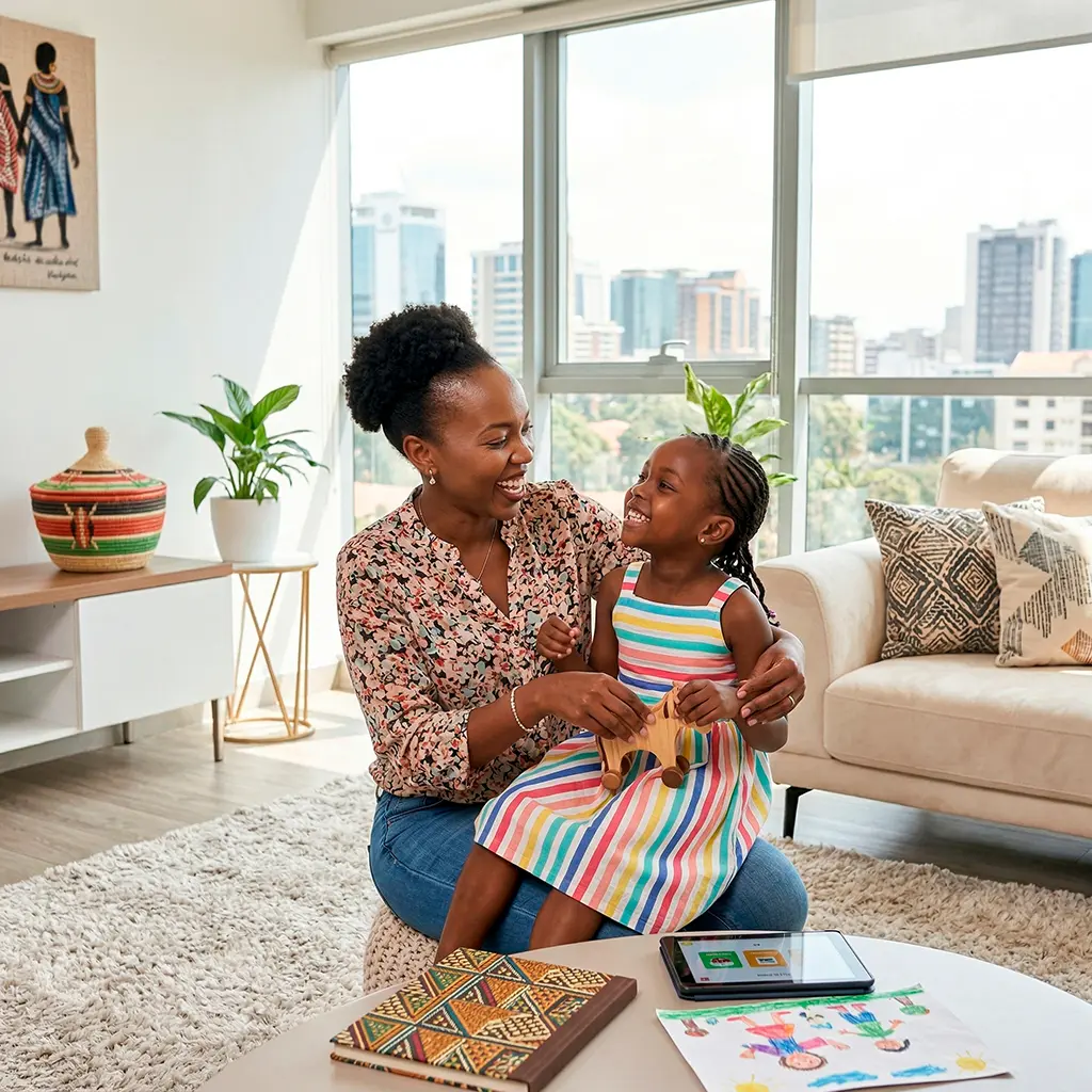A happy mother and child at home representing Qijito’s commitment to family medical and life insurance security.