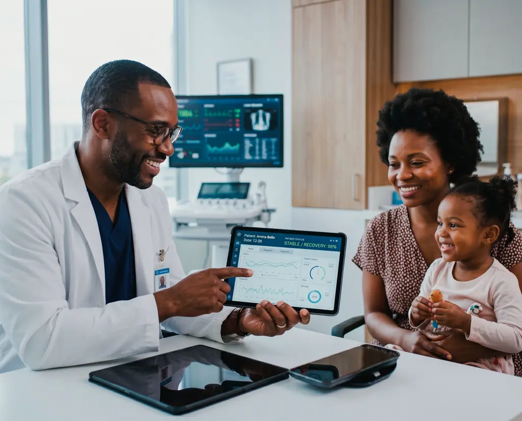 Doctor showing health records on a tablet to a smiling mother and daughter at a clinic.